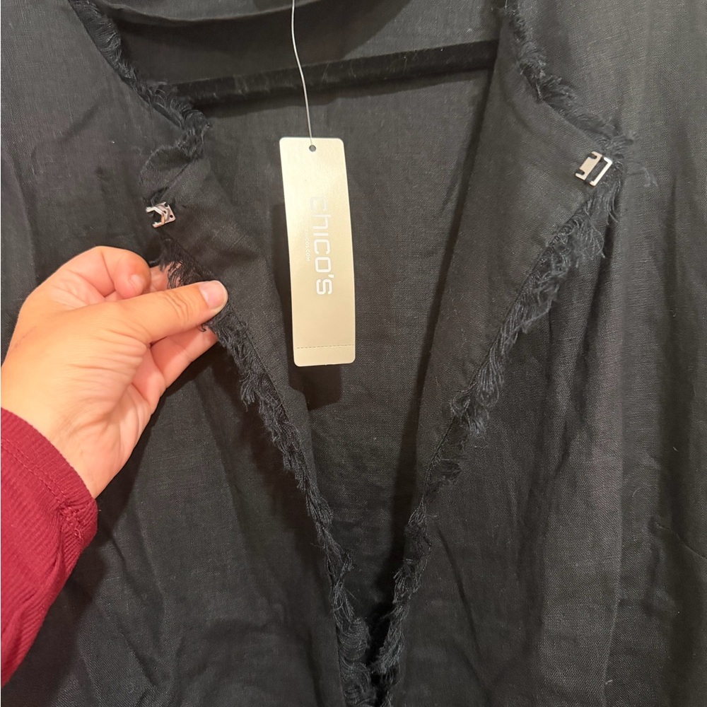 Chico's Linen Black Fringe Trim Bell-Sleeve Jacket - Picture 7 of 16